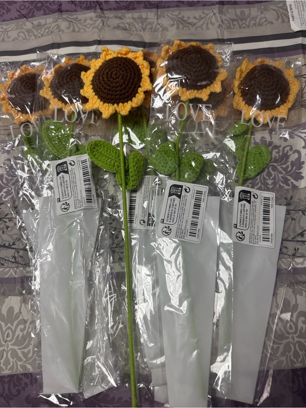Handmade Crochet Sunflower Stem - Yellow & Brown Faux Floral